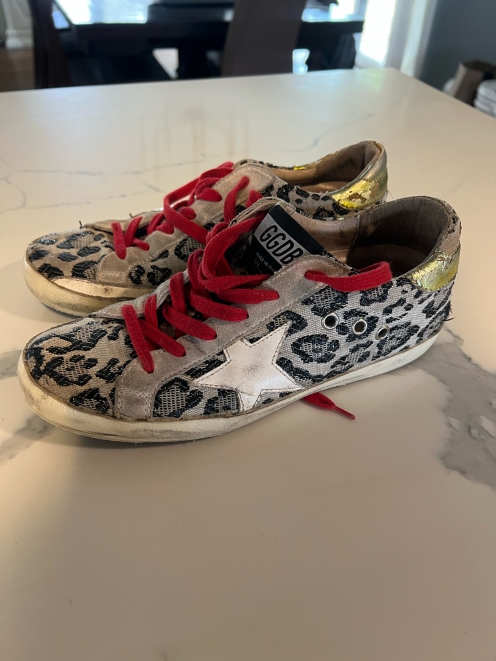 Golden Goose Leopard Print Sneakers with Red Laces and Gold Heel